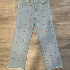 Red Heart embroidered denim blue jeans girls sz 9-10  Cute